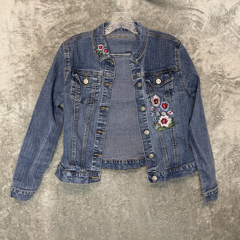 Arizona‎ Jeans Girls Classic 90s Embroidered Flowers Denim Trucker Jacket L Blue